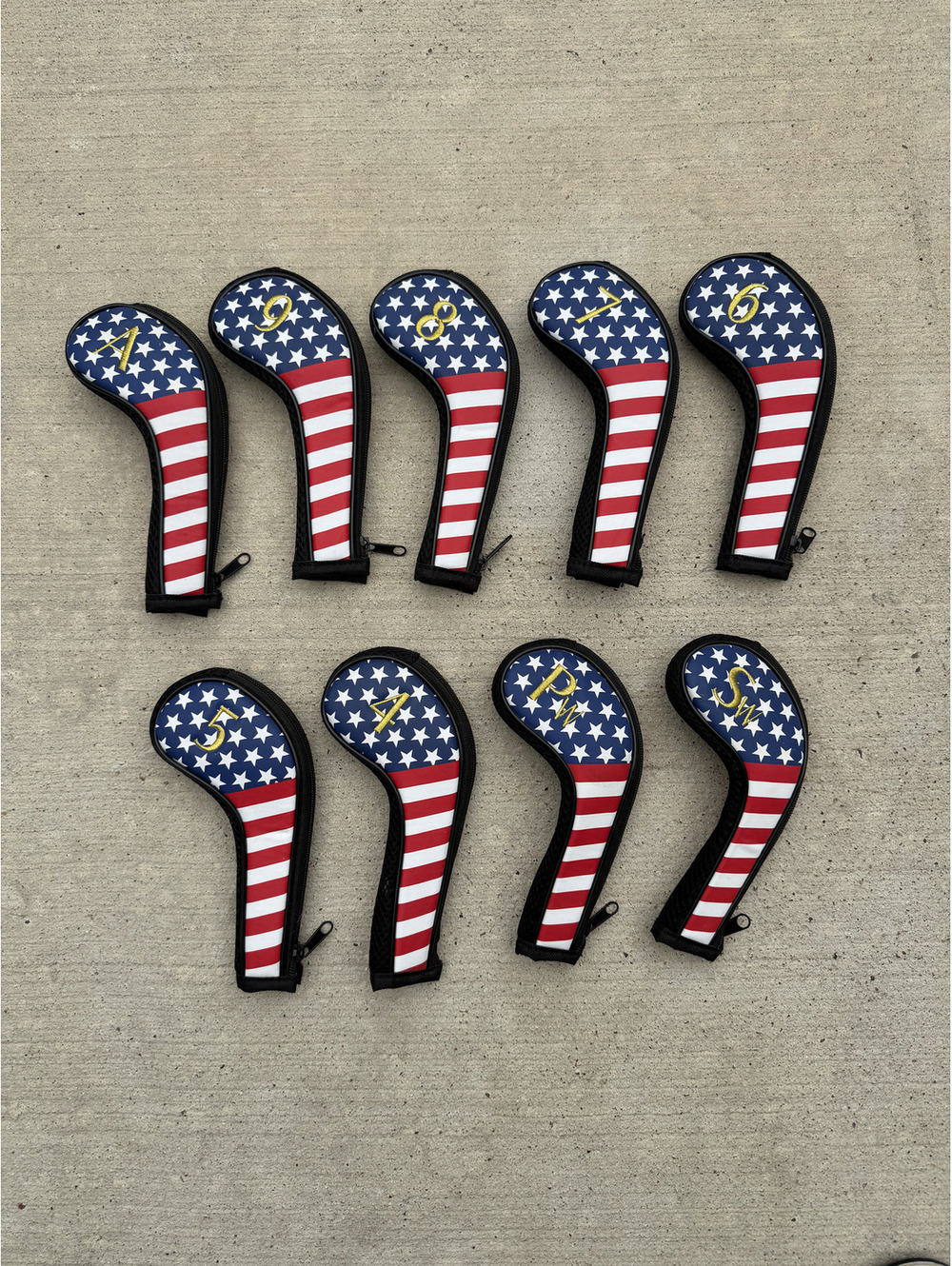 Full Set of Iron Golf Club Covers in Red, White, and Blue with Gold Embroidery